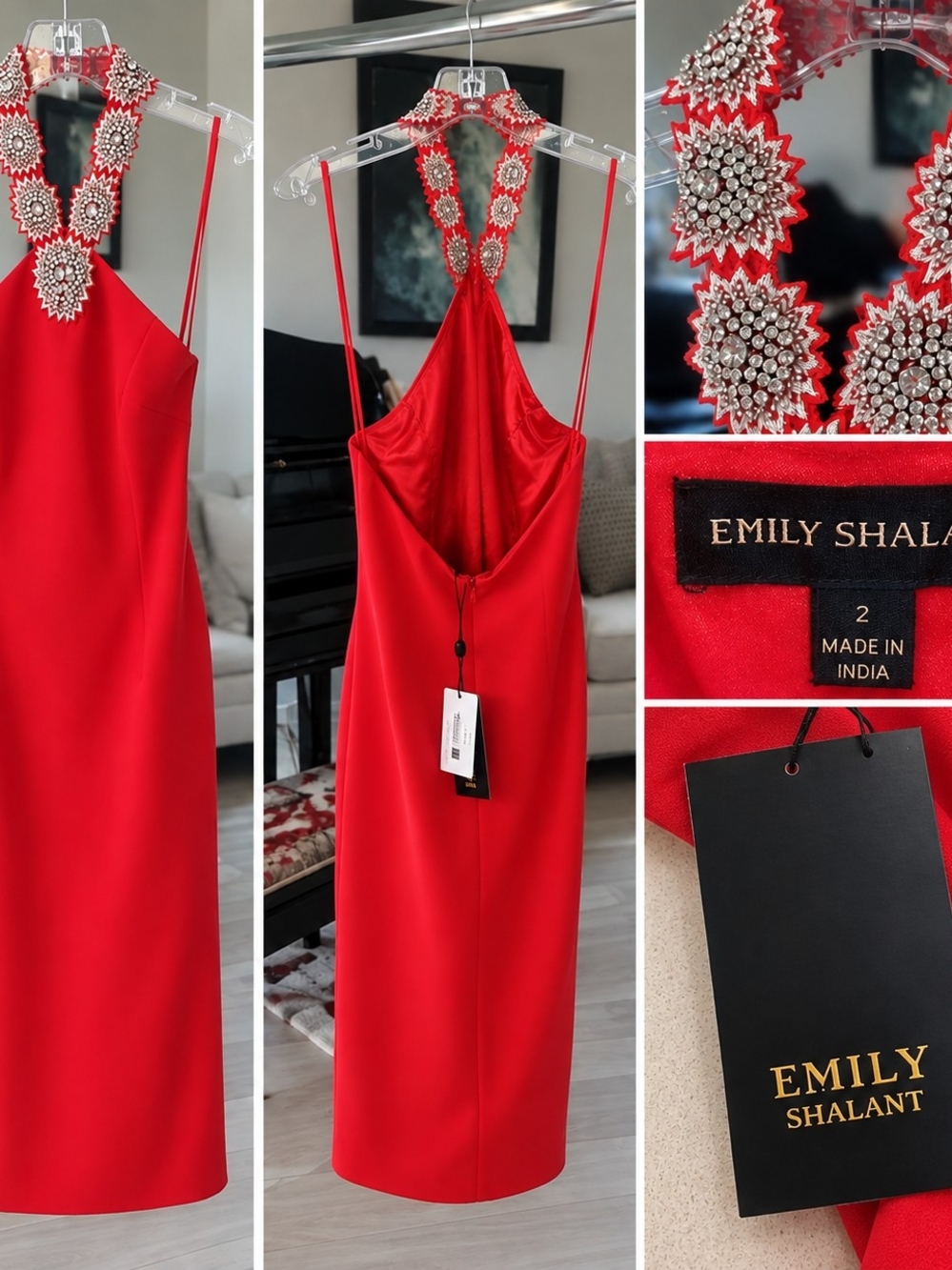 EMILY SHALANT COUTURE – STUNNING TOMATO RED HALTER DRESS -SIZE 2